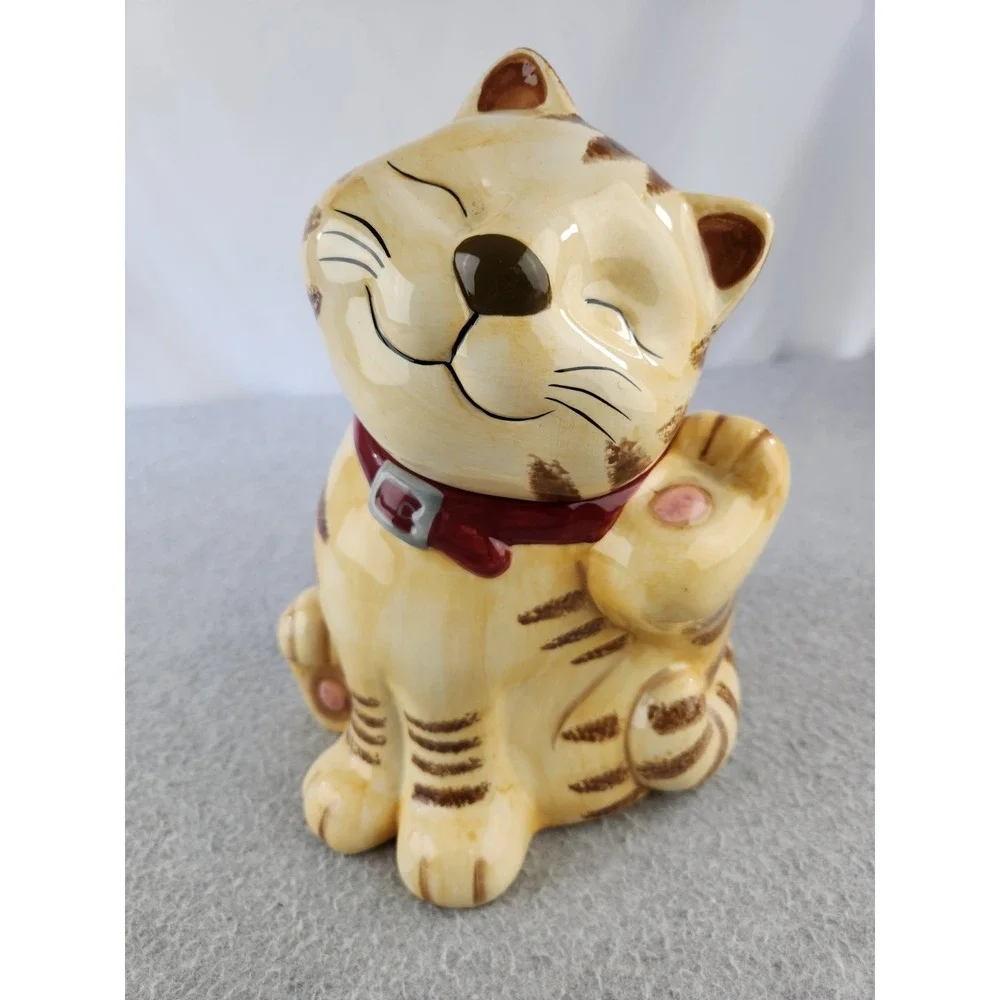GKAO Scratching Cat Cookie Jar Tan Tabby Orange Smiling Kitten‎ Treat Holder
